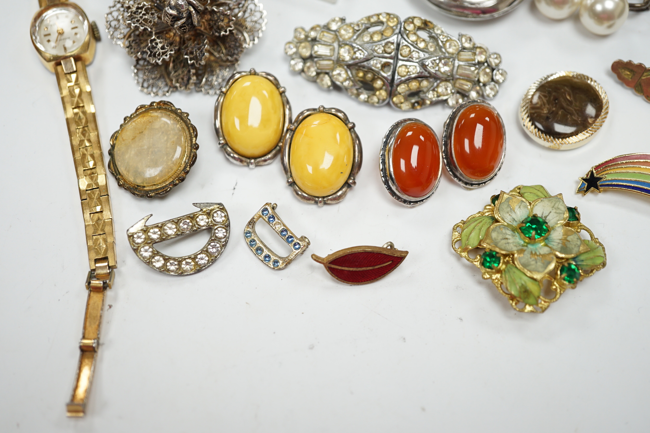 A silver and cabochon set dress ring, mixed costume jewellery and a lady's wrist watch.